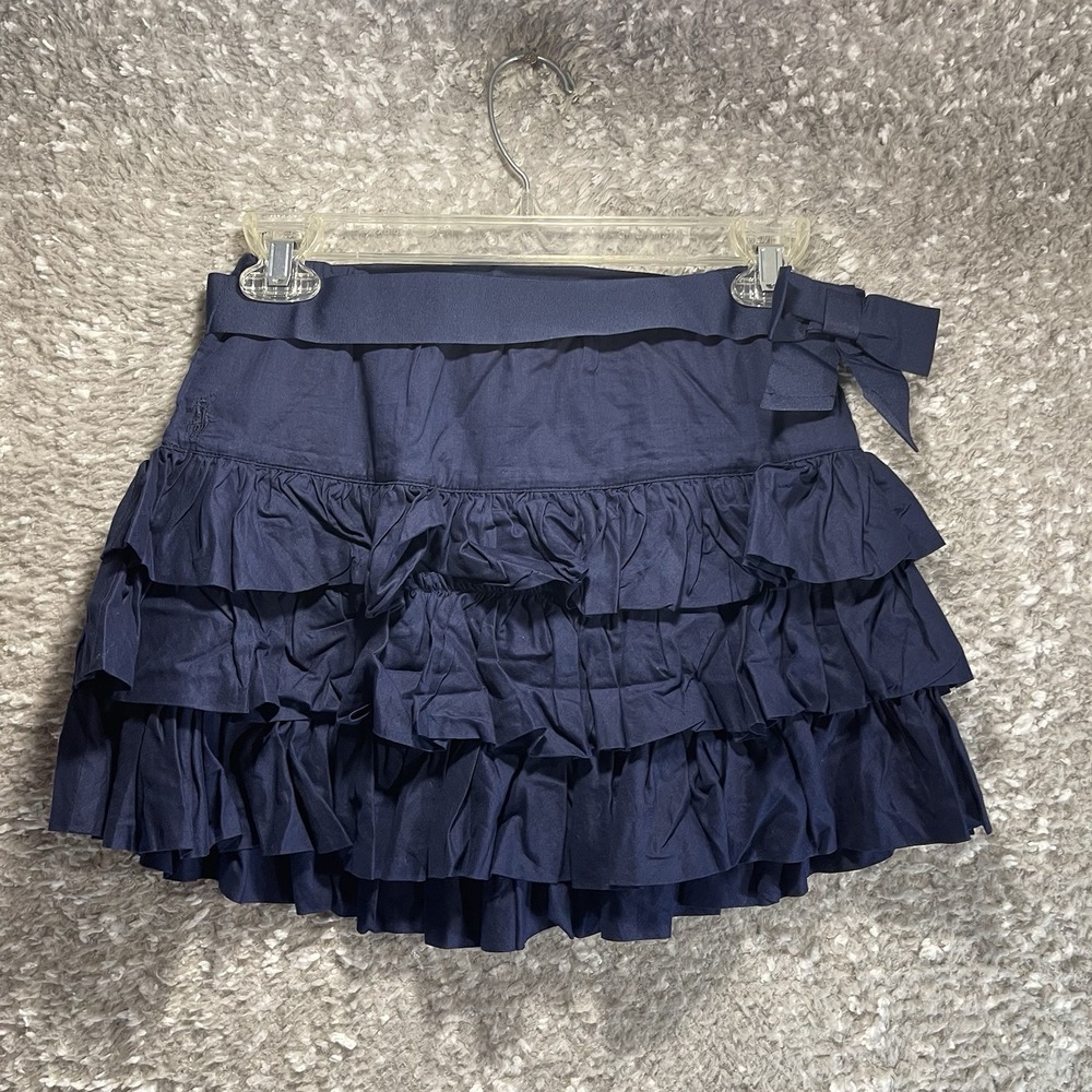 Ralph Lauren Girls Navy Tiered Pull On Ruffle Skirt Belted Sz 12 Preppy‎